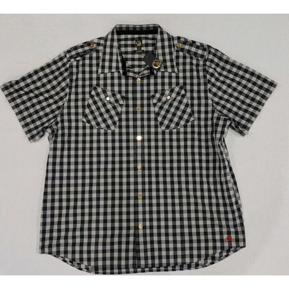 Cavi Black Gray Checked Short Sleeve Button Up Shirt Adult Size 4XL New